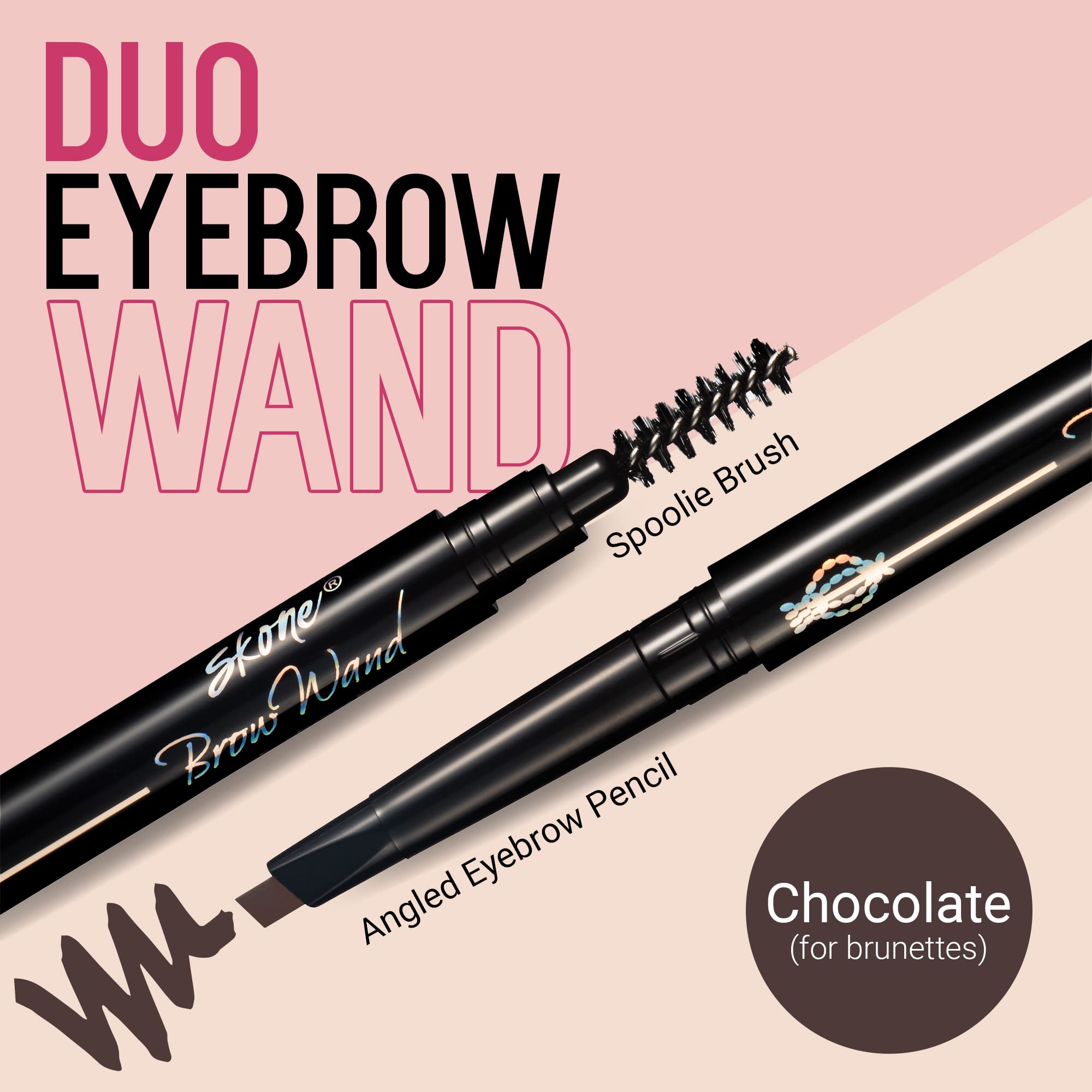Skone chocolate color swatch shows rich brunette-friendly shade for natural looking brows.