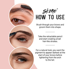 Skone double-ended brow brush design highlights easy, even strokes across brows.