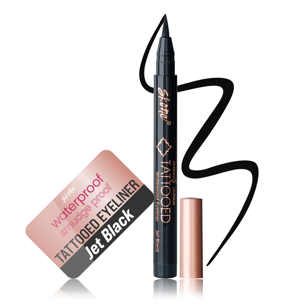 Skone waterproof liquid eyeliner in jet black swatch showing bold, long-lasting color
