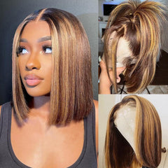 Skouty 13x4 lace front bob wig in honey blonde ombre for natural parting.