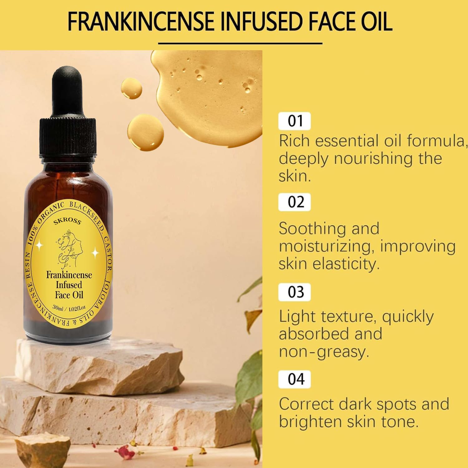 SKROSS frankincense resin oil on skin demonstrating light, non-greasy hydration