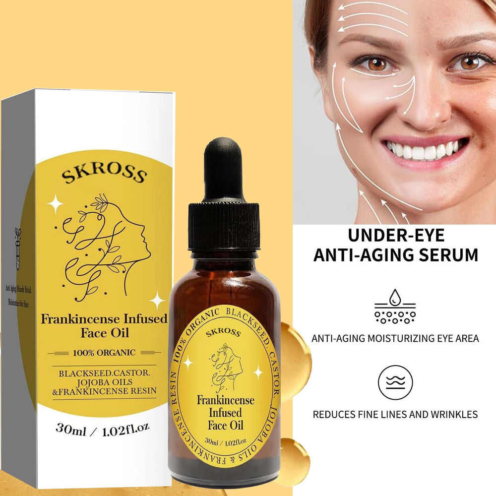 SKROSS frankincense resin oil pour showing easy application and quick absorption