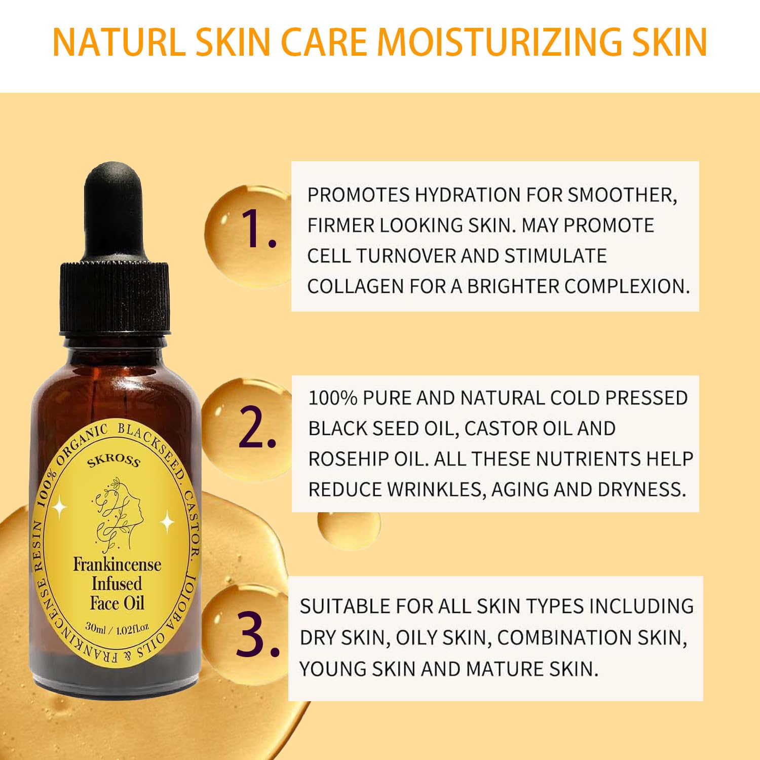 SKROSS frankincense resin oil texture closeup indicating smooth, radiant finish