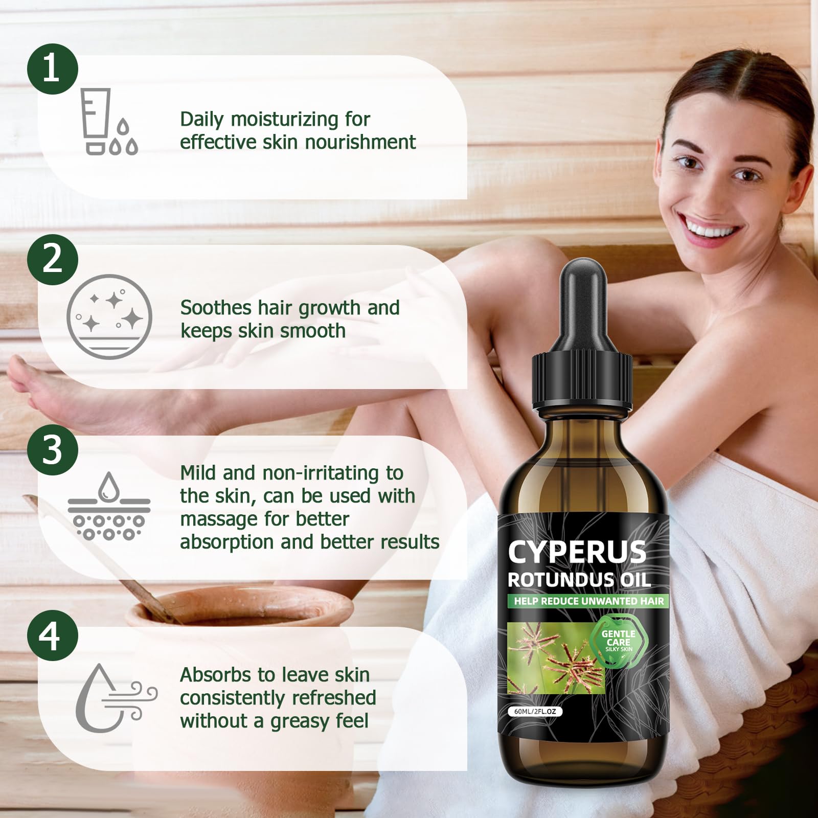 SKSOYT Cyperus Rotundus Oil on face, arms, legs for versatile care.