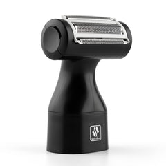 Skull Shaver foil attachment behind the knee reduces tugging for comfortable grooming.