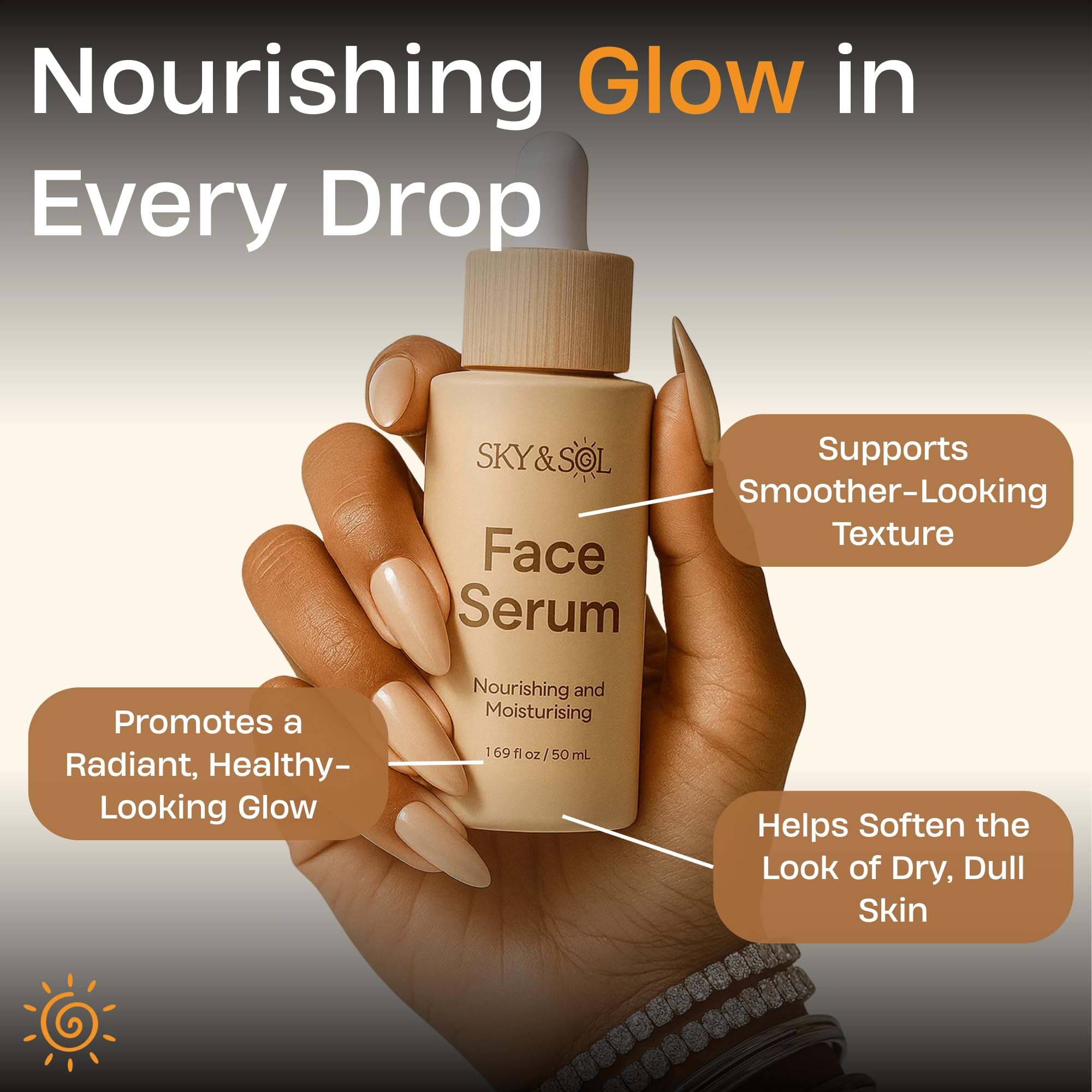 Sky and Sol serum application on hands for easy morning skincare.