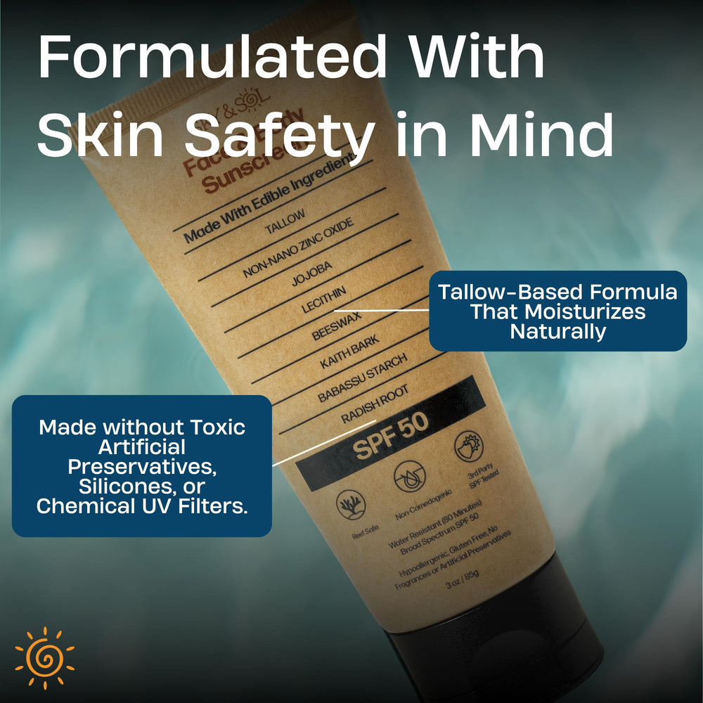 Sky and Sol SPF 50 sunscreen packaging in 3 oz size for travel