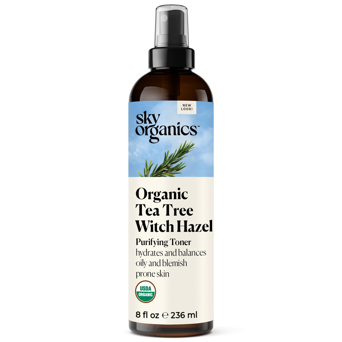 Sky Organics Tea Tree & Witch Hazel toner bottle for refreshing cleansing and balanced pores.