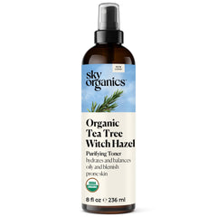 Sky Organics Tea Tree & Witch Hazel toner bottle for refreshing cleansing and balanced pores.