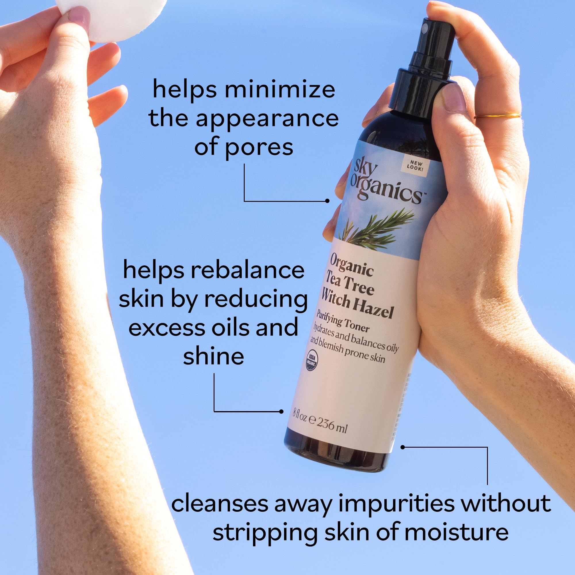 Sky Organics Tea Tree & Witch Hazel toner ingredients closeup highlights purity and natural balance.