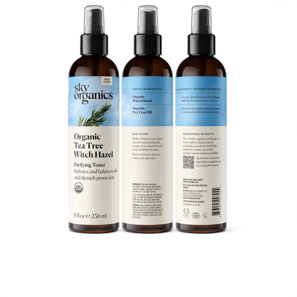 Sky Organics Tea Tree & Witch Hazel toner evokes a clean scent elevating daily skincare ritual.