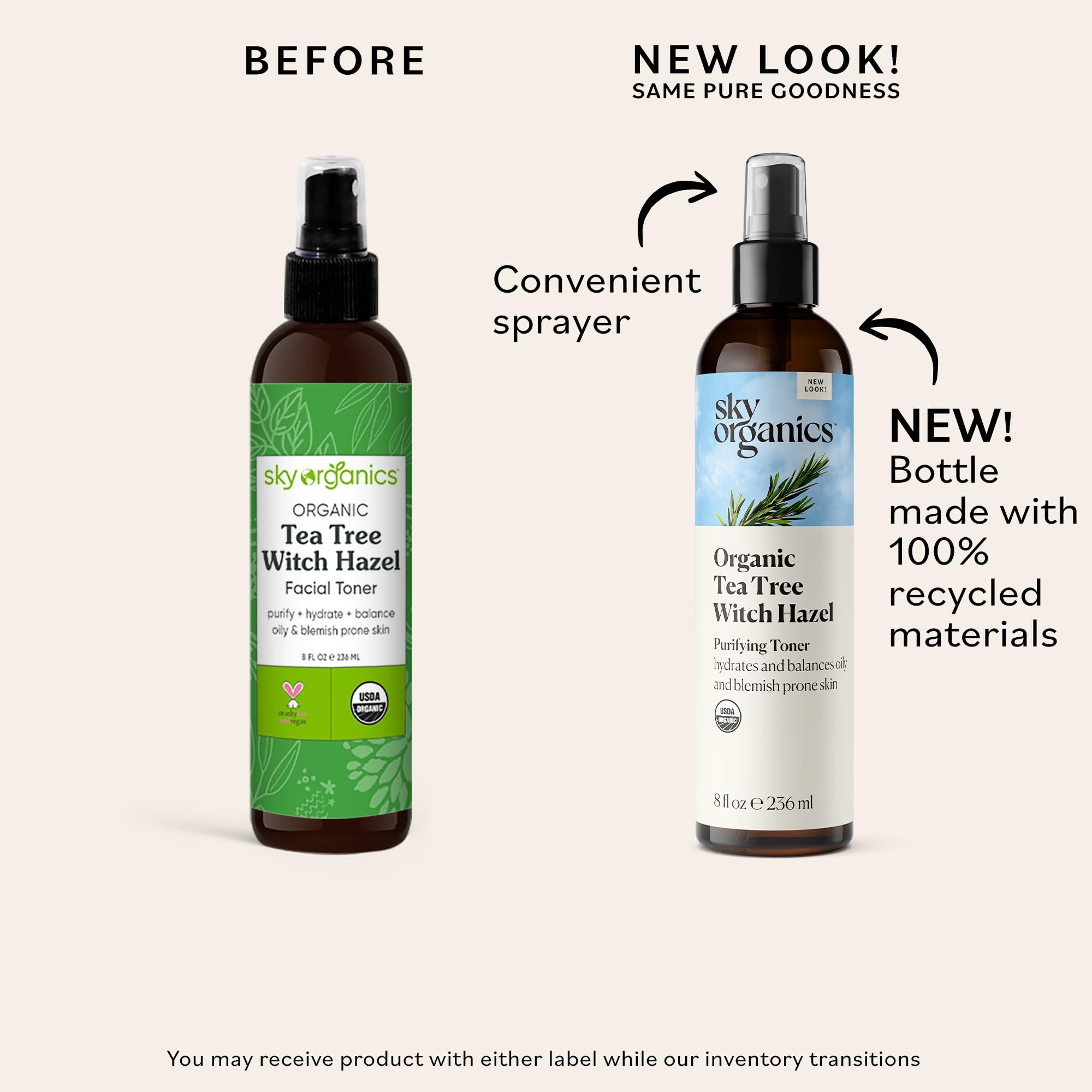 Sky Organics Tea Tree & Witch Hazel toner application spray for quick, oil-control refresh.