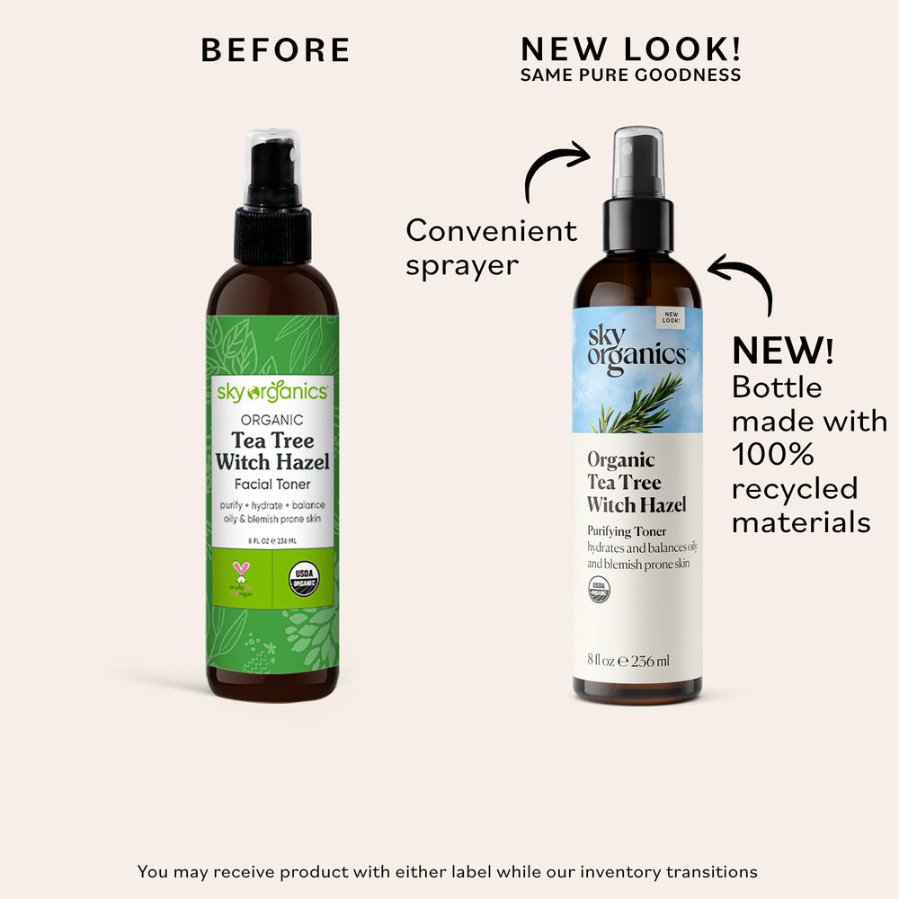 Sky Organics Tea Tree & Witch Hazel toner application spray for quick, oil-control refresh.