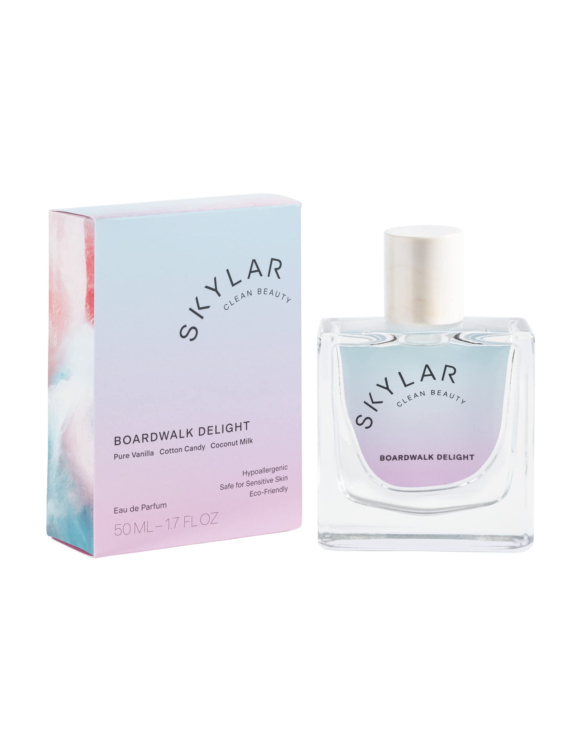 Skylar Boardwalk Delight bottle front, a clean fragrance suitable for sensitive skin.