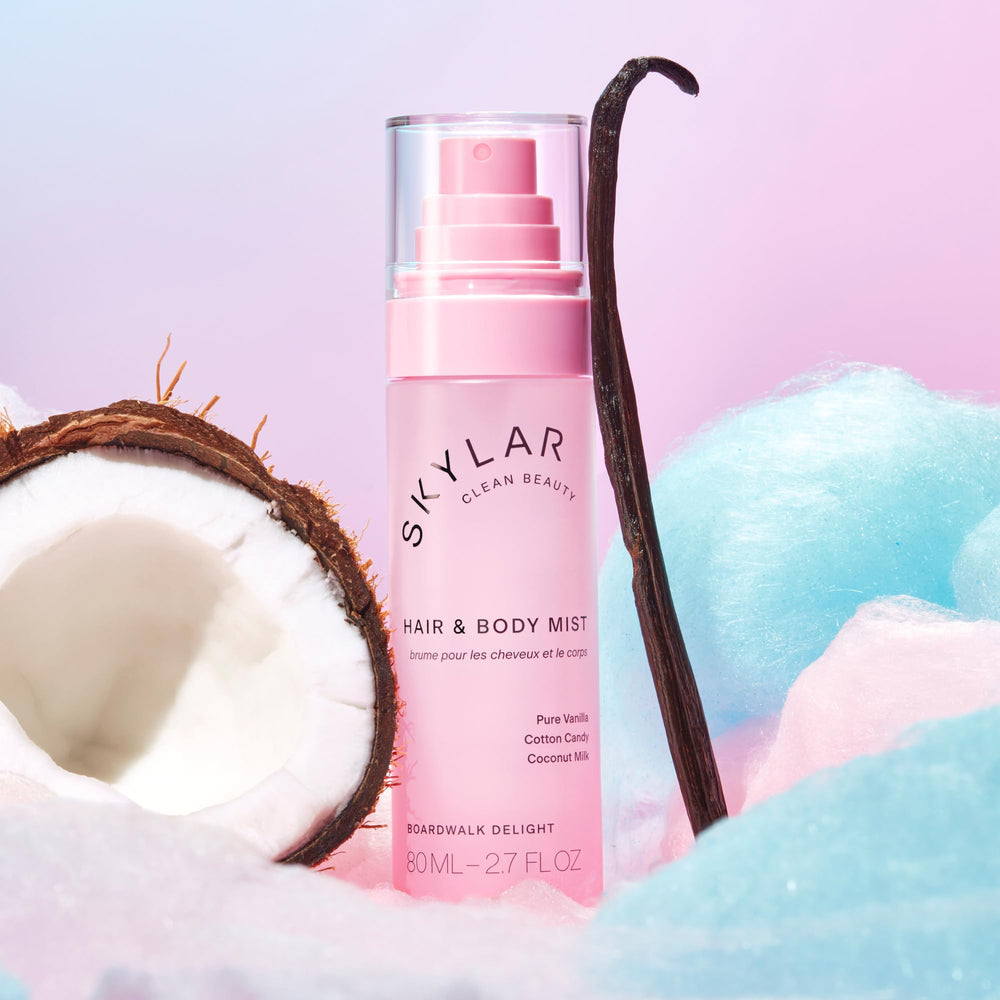 Skylar Boardwalk Delight packaging box highlights hypoallergenic, vegan formula.