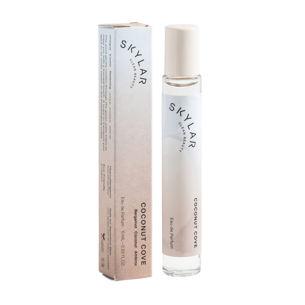 Skylar Coconut Cove bottle showing bergamot and coconut for a refreshing daily scent