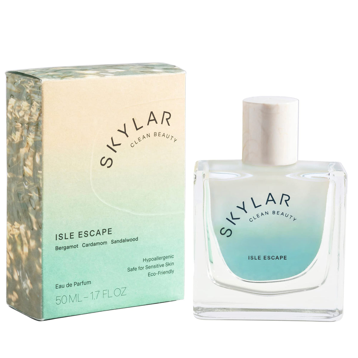 Skylar Isle Escape bottle front, clean hypoallergenic design highlighted.