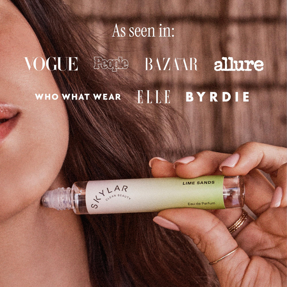 Skylar Lime Sands EDP application shot shows easy spray for everyday use.