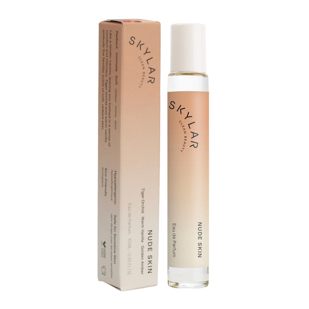 Skylar Nude Skin bottle closeup shows minimalist design for everyday elegance.