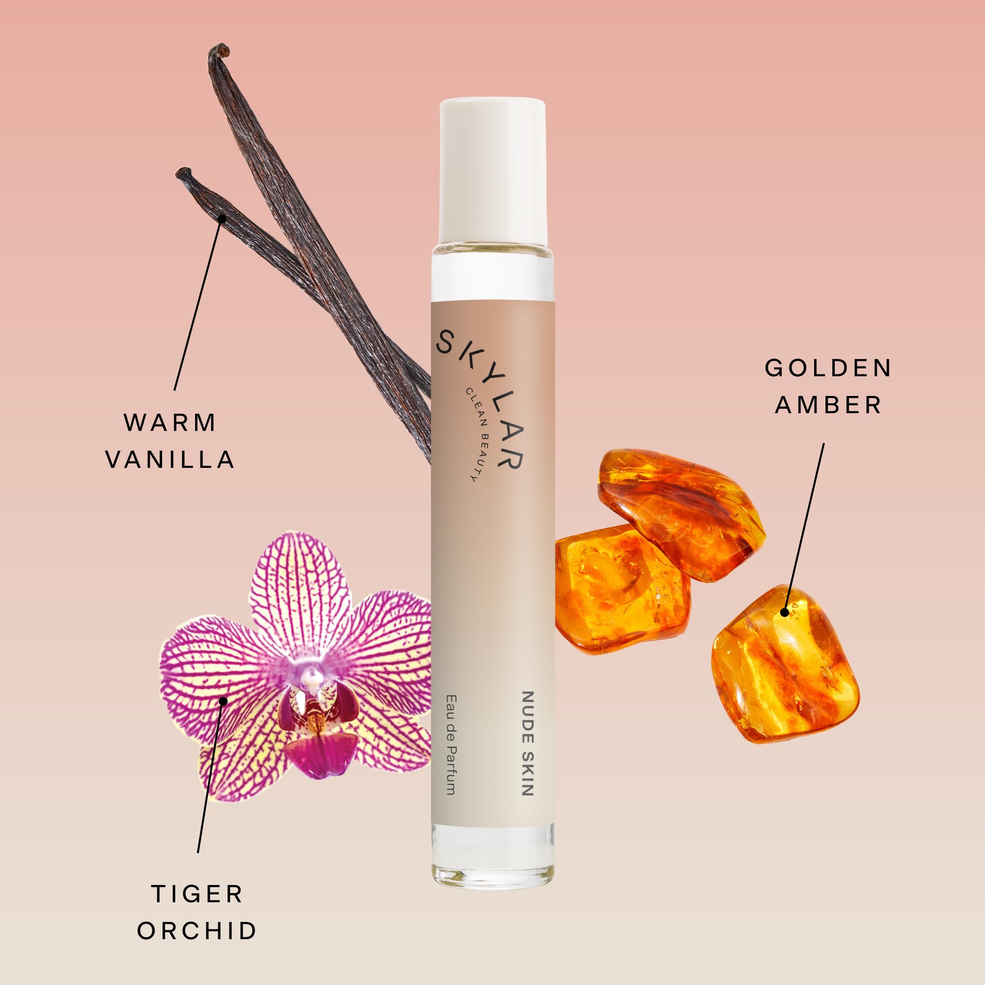 Skylar Nude Skin middle notes tiger orchid and coconut blossom form a floral heart.