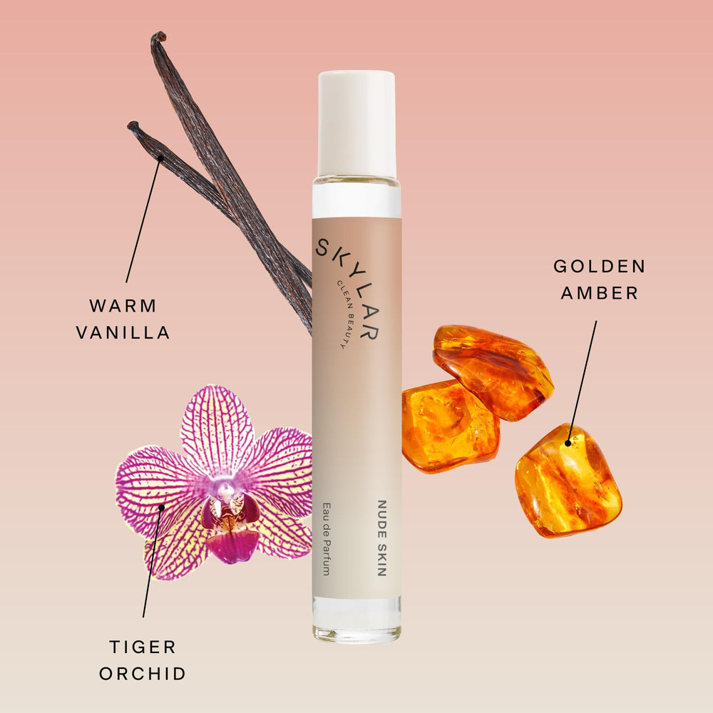 Skylar Nude Skin middle notes tiger orchid and coconut blossom form a floral heart.