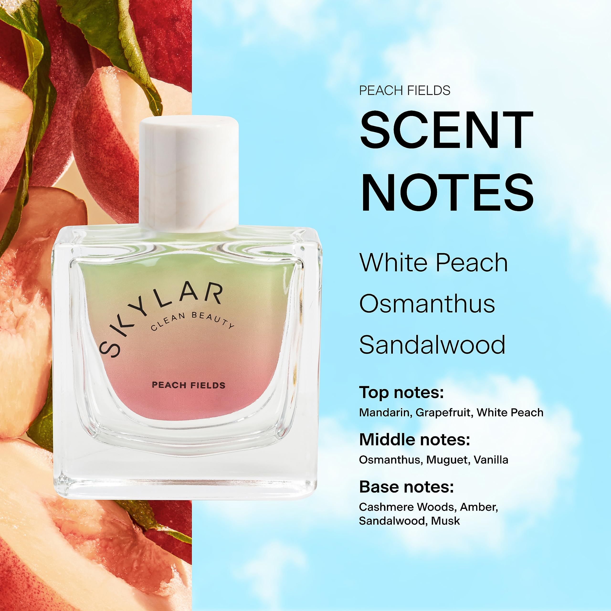 Skylar Peach Fields ingredients label, showcasing a clean, skin-friendly formula.