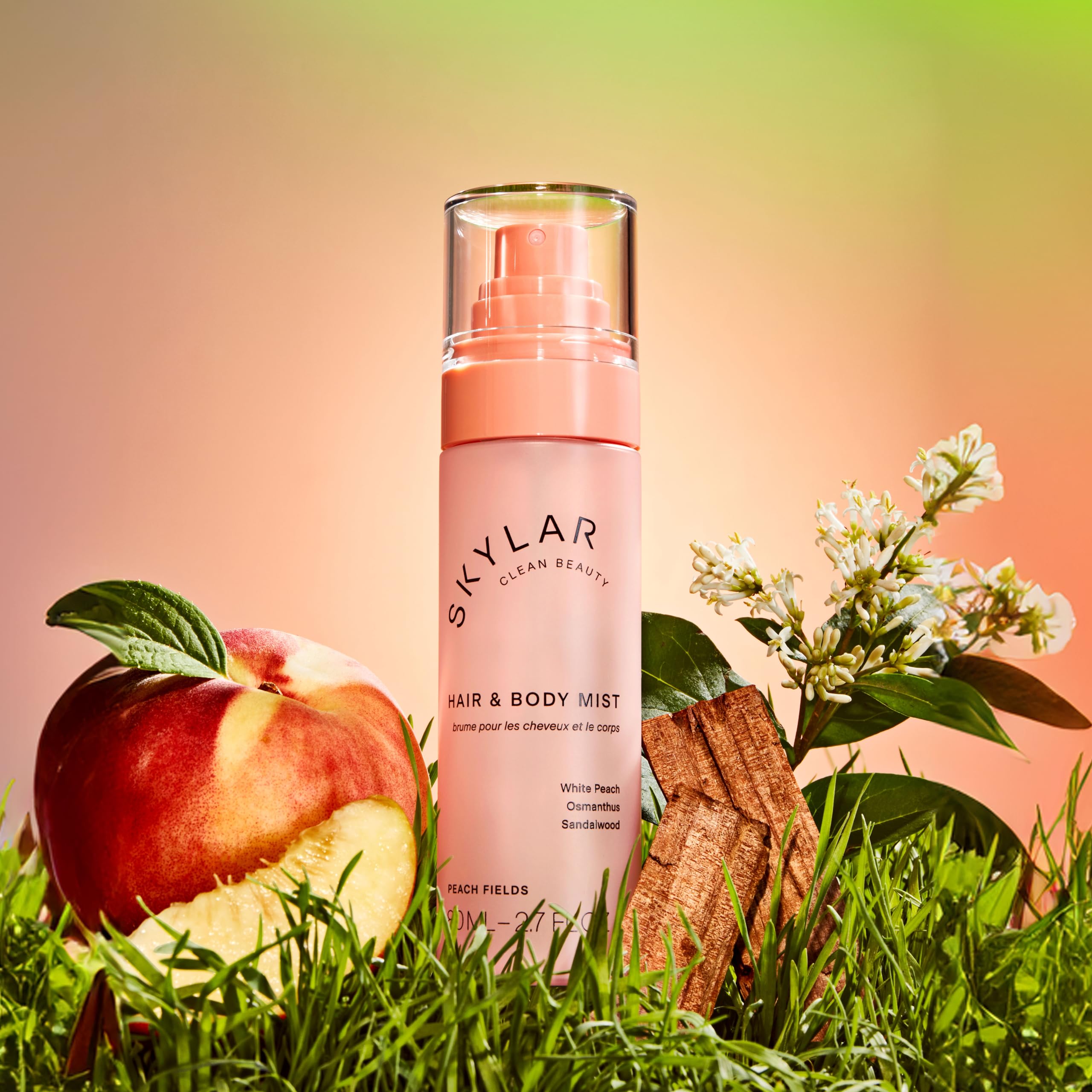 The Skylar logo appears on the Peach Fields mist resting on a clean surface.