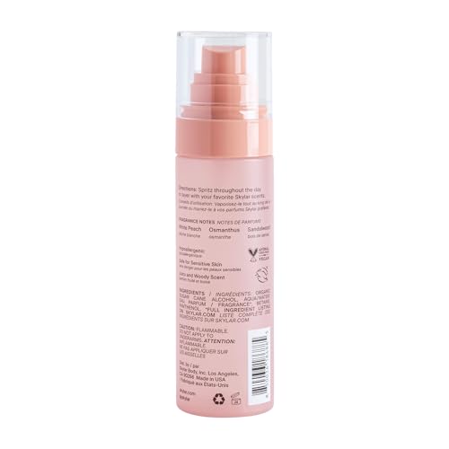 This Skylar Peach Fields mist spritzes into the hand to reveal fruity-woody notes.