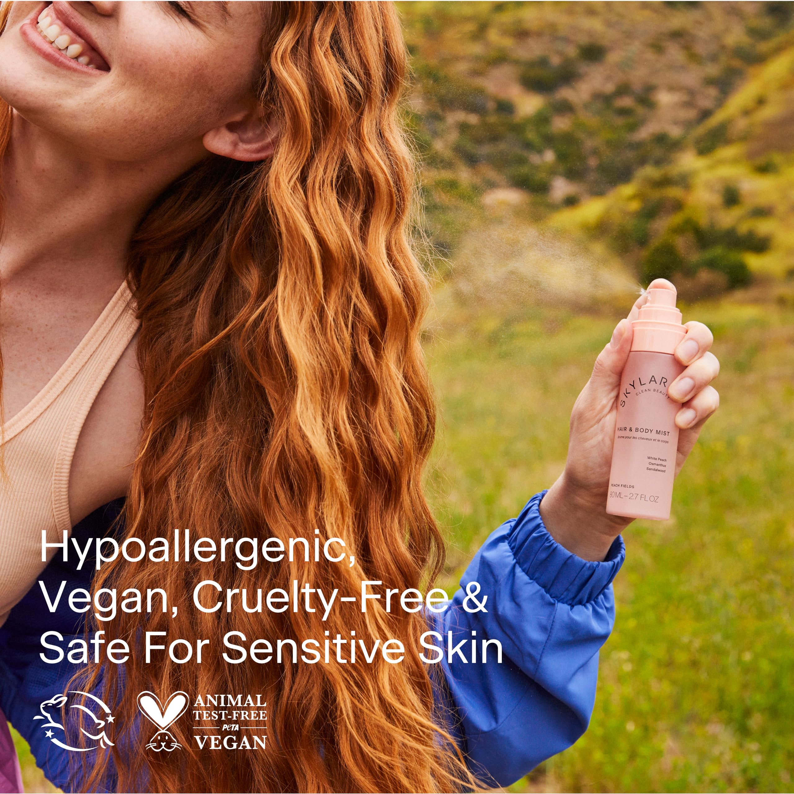 The alt text highlights Skylar Peach Fields as vegan and cruelty-free.