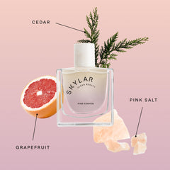 Skylar Pink Canyon glass bottle with amber tint captures warm, woody-citrus mood.