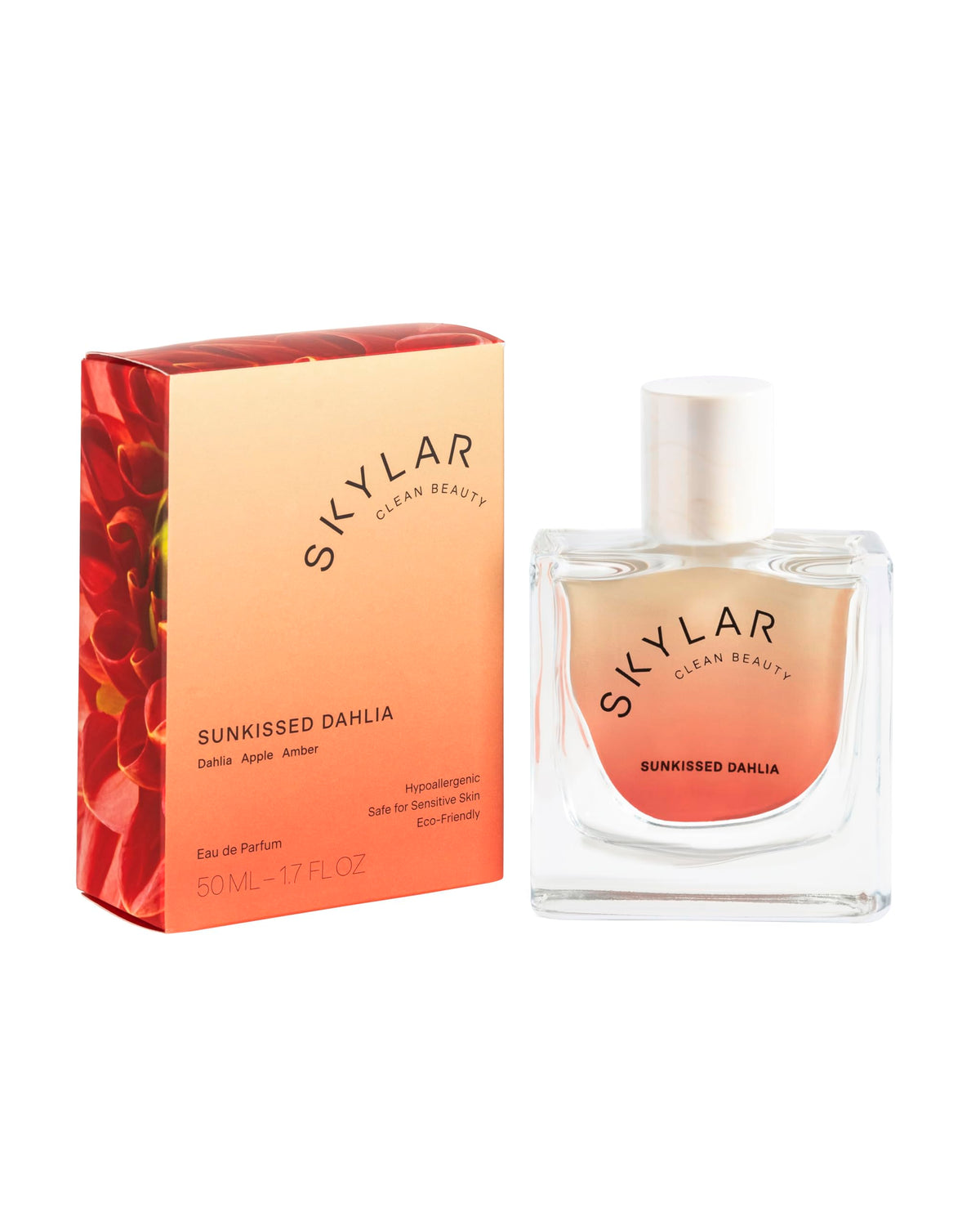 Skylar Sunkissed Dahlia bottle displays radiant, clean floral fragrance.