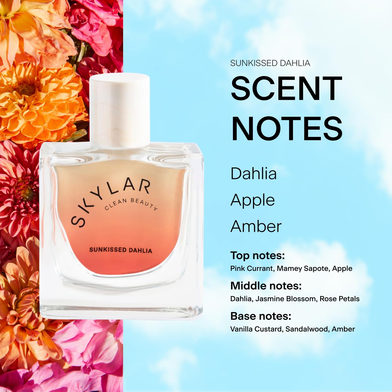Skylar Sunkissed Dahlia label detail emphasizes authenticity of fragrance.