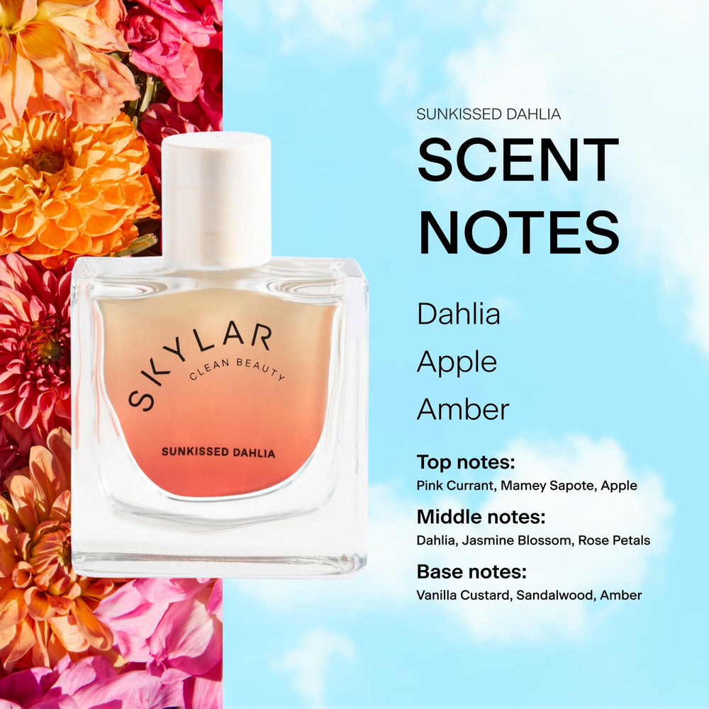 Skylar Sunkissed Dahlia label detail emphasizes authenticity of fragrance.