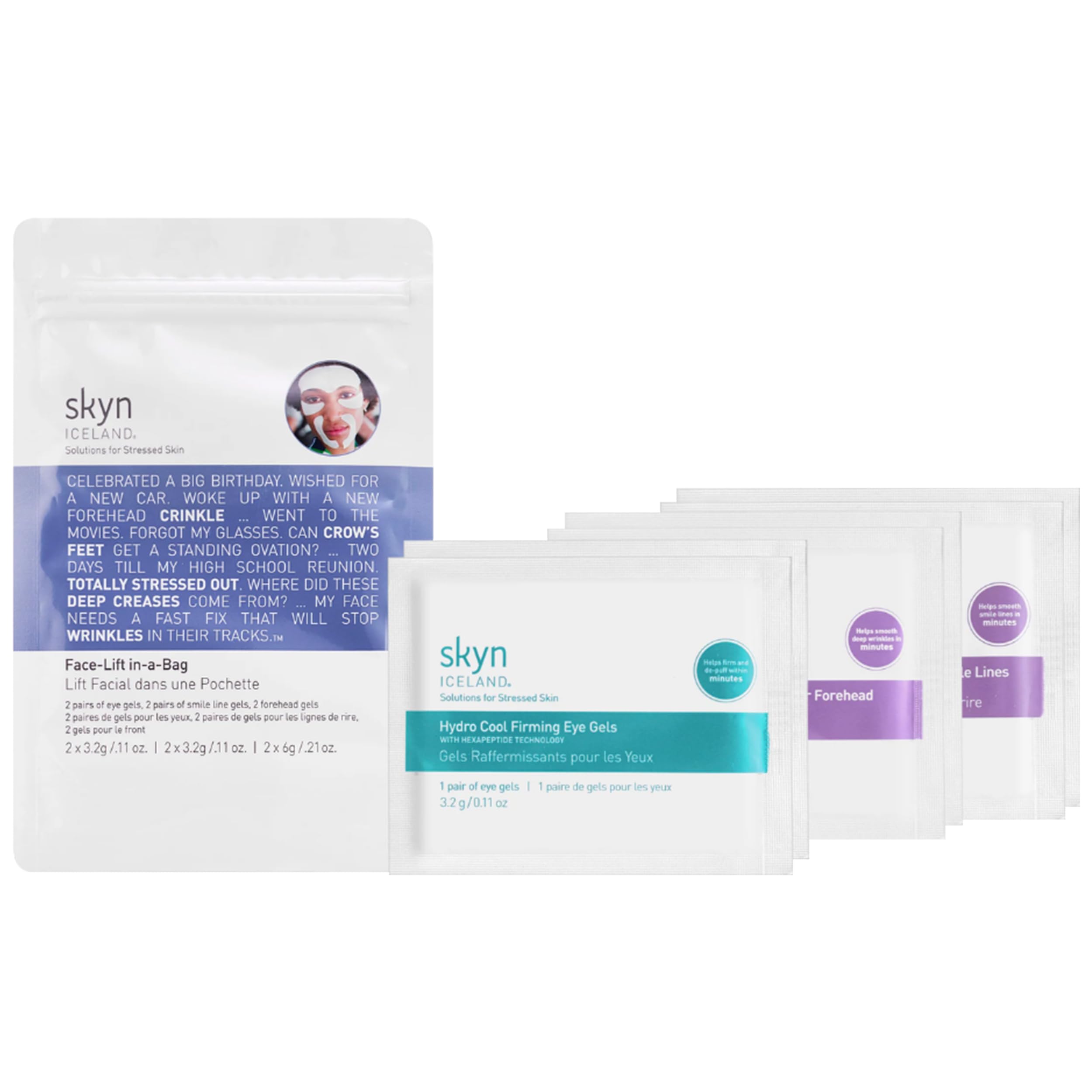 Skyn ICELAND Face-Lift in-a-Bag forehead patches for quick smoothing and de-puffing.