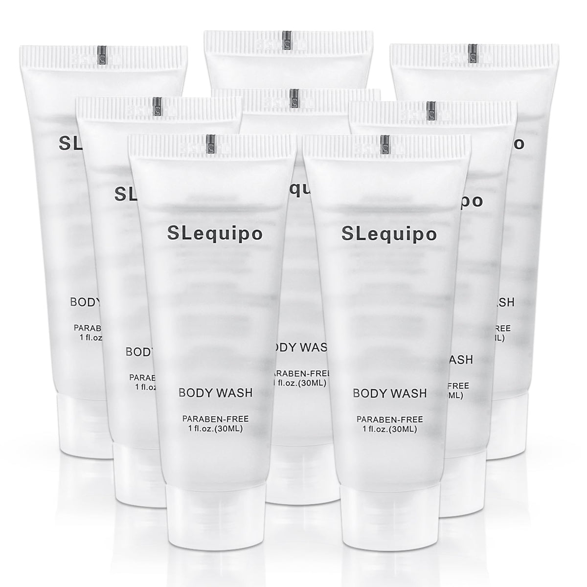 SLequipo travel size body wash with a foil seal for hotel hygiene.