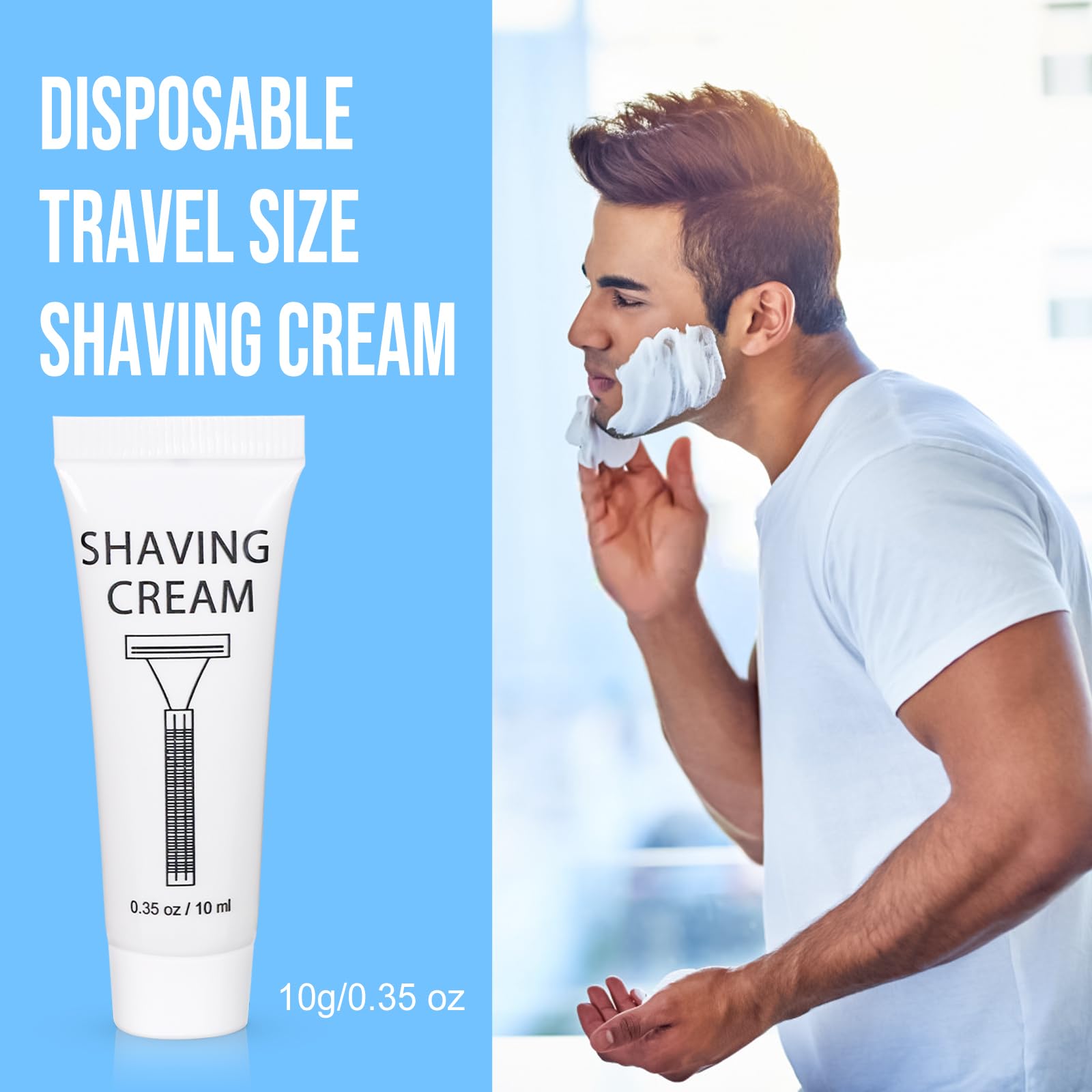 Travel-size foil-sealed shaving cream for mess-free hotel stays.