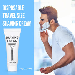 Travel-size foil-sealed shaving cream for mess-free hotel stays.