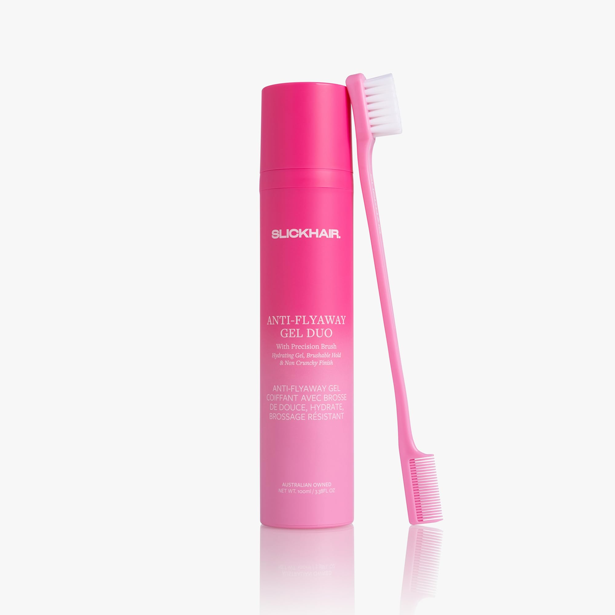 SlickHair Anti-Flyaway Duo with precision brush guiding strands for targeted frizz control.