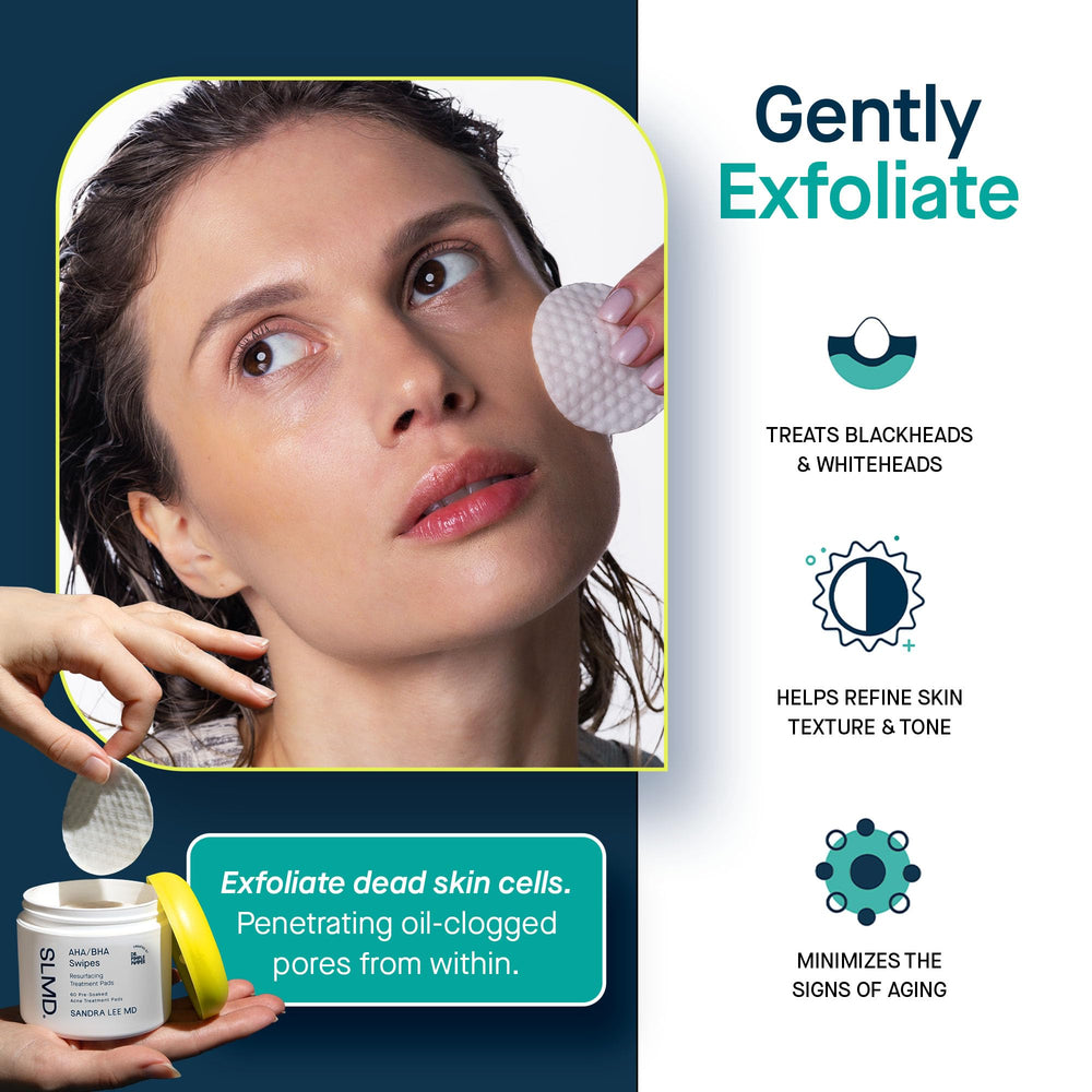 SLMD AHA BHA Toner Pads applied to the face for refreshed skin