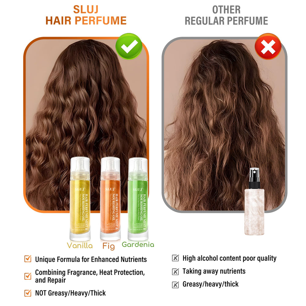 SLUJ Hair Perfume argan oil close-up highlights nourishing shine for dry hair.