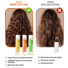SLUJ Hair Perfume argan oil close-up highlights nourishing shine for dry hair.