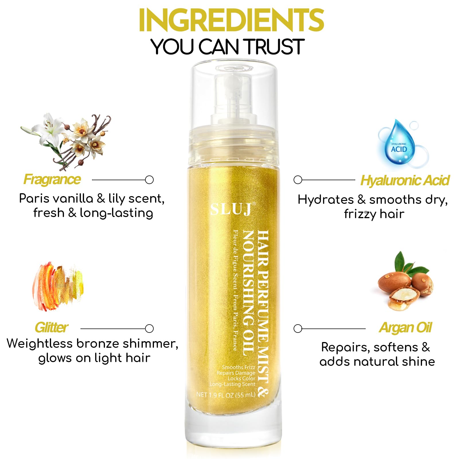 SLUJ Hair Perfume dry hair close-up reveals soft, non-greasy finish.