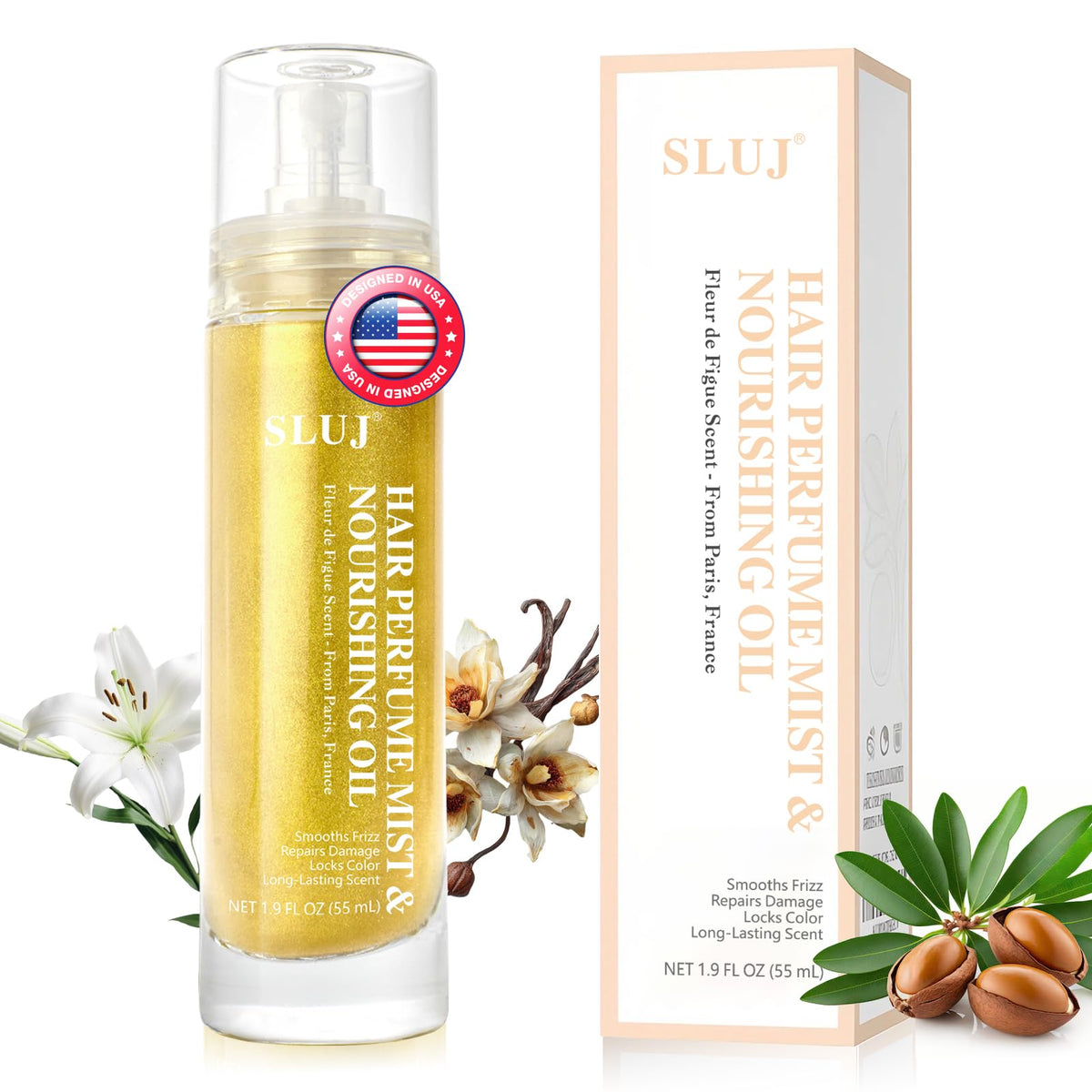 SLUJ Hair Perfume front bottle shows elegant design and long-lasting scent.
