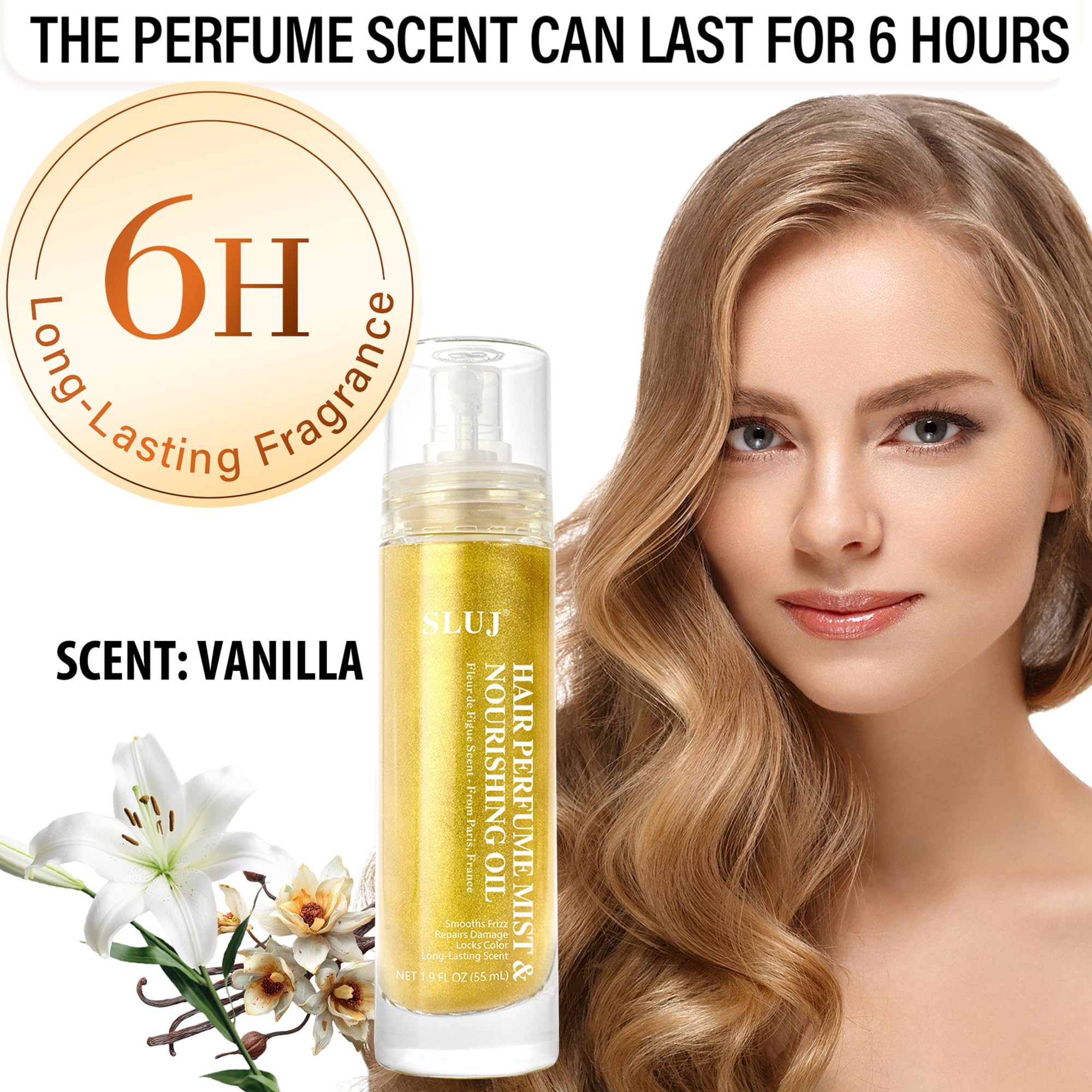 SLUJ Hair Perfume gold shimmer close-up reveals subtle glow on hair.