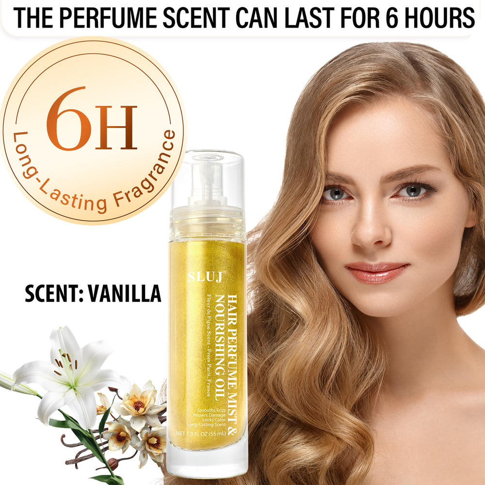 SLUJ Hair Perfume gold shimmer close-up reveals subtle glow on hair.