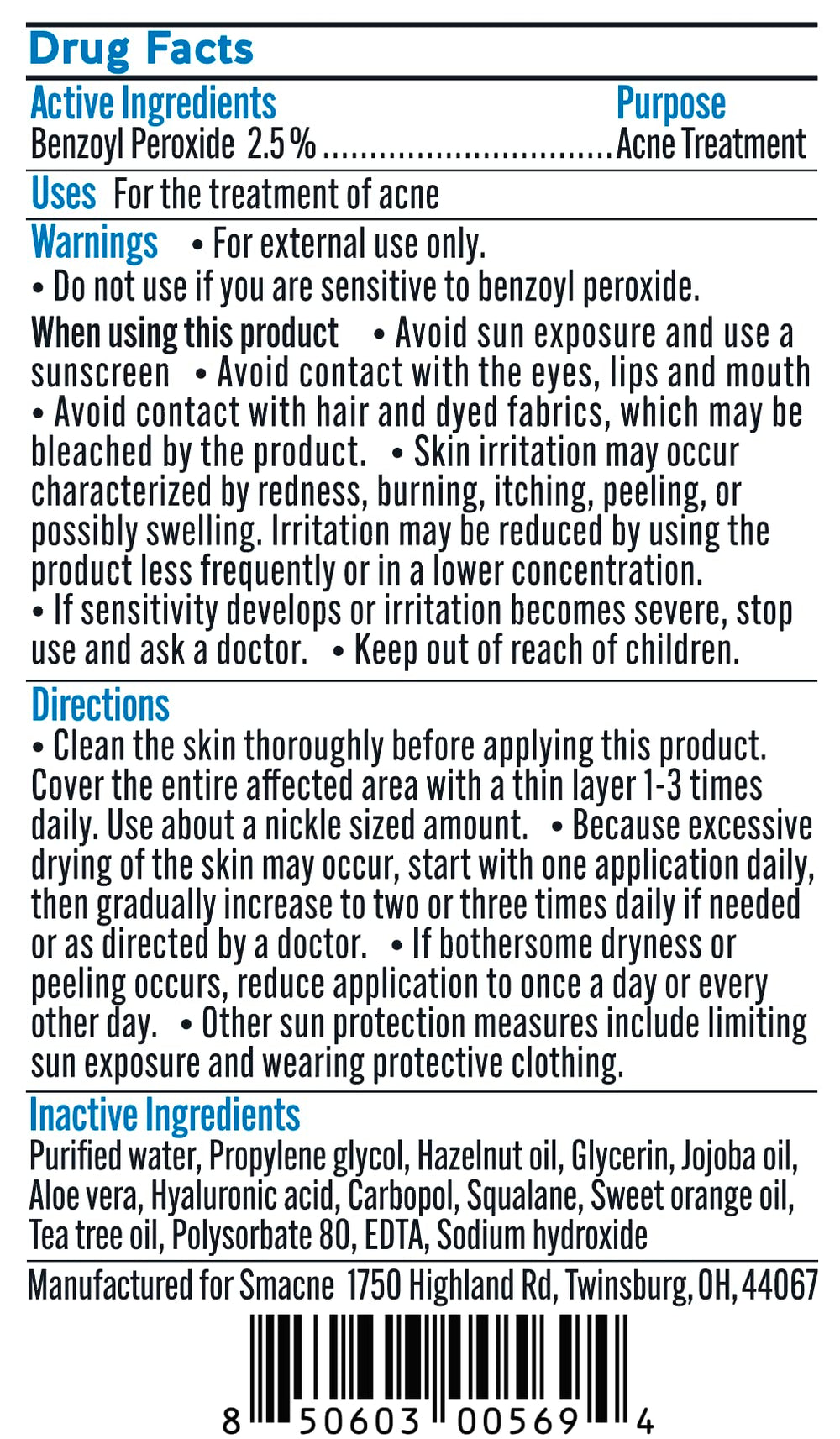 SMACNE Acne Treatment 30 Day Kit ingredients close-up shows actives and hydrators.