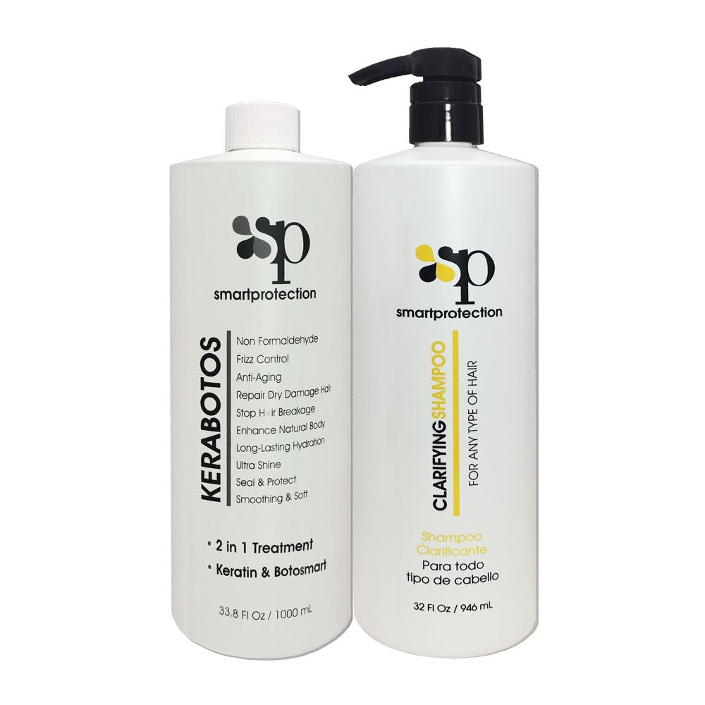 Smart Protection Kerabotos clarifying shampoo bottle highlights keratin-infused formula for smoother hair.