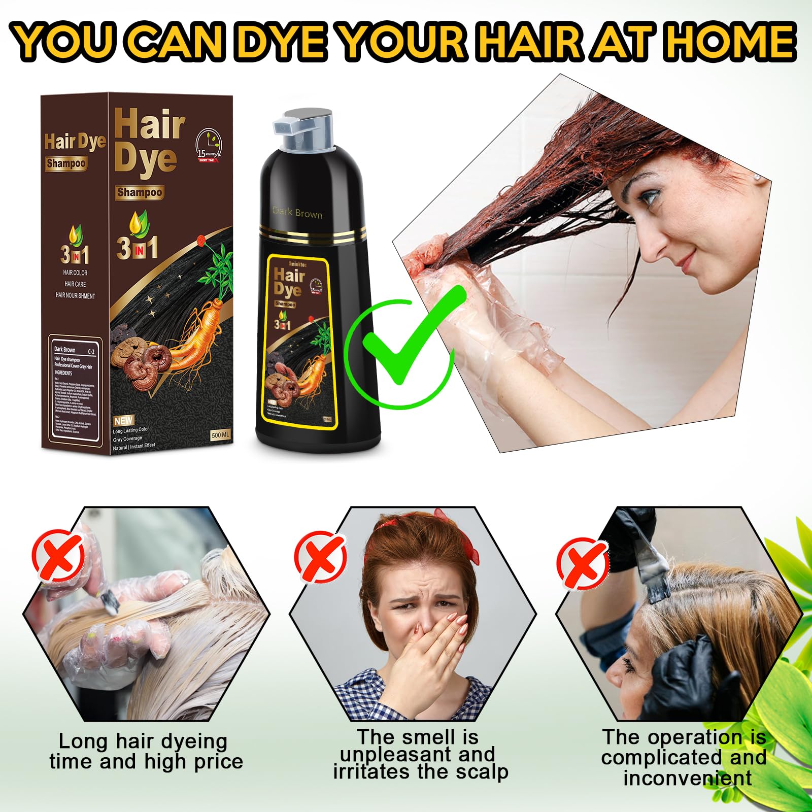 Sminktec dye shampoo conditioner 3in1 illustrates time-saving versatile use.