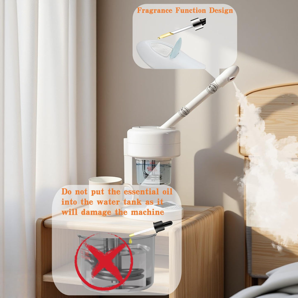 Smldsibe facial steamer shows 360° rotating nozzle for flexible facial sessions.