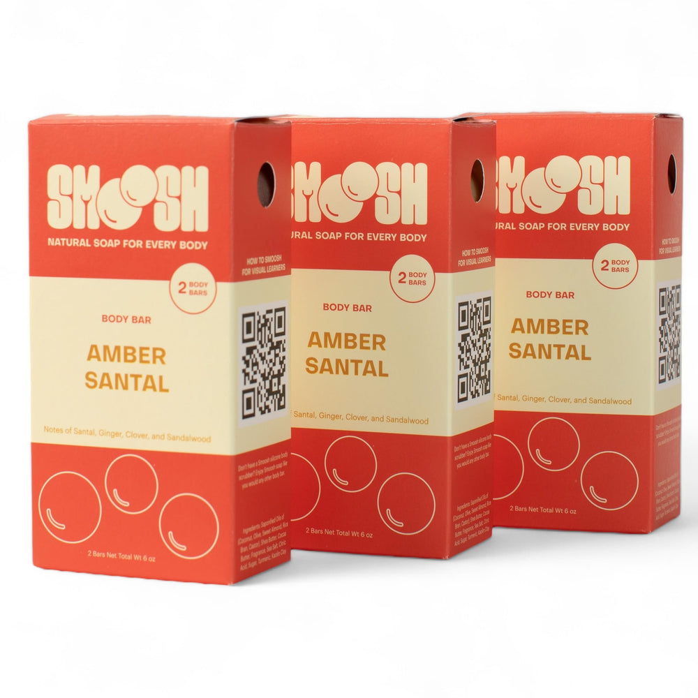 Smoosh Amber Santal bar 6-pack on display for easy gifting.